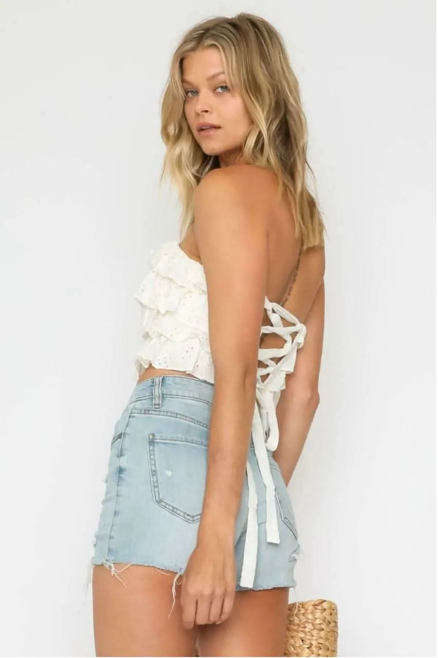 Molly White Eyelet Ruffle Tiered Strapless Crop Top sold by Boho Pink product image thumbnail 2