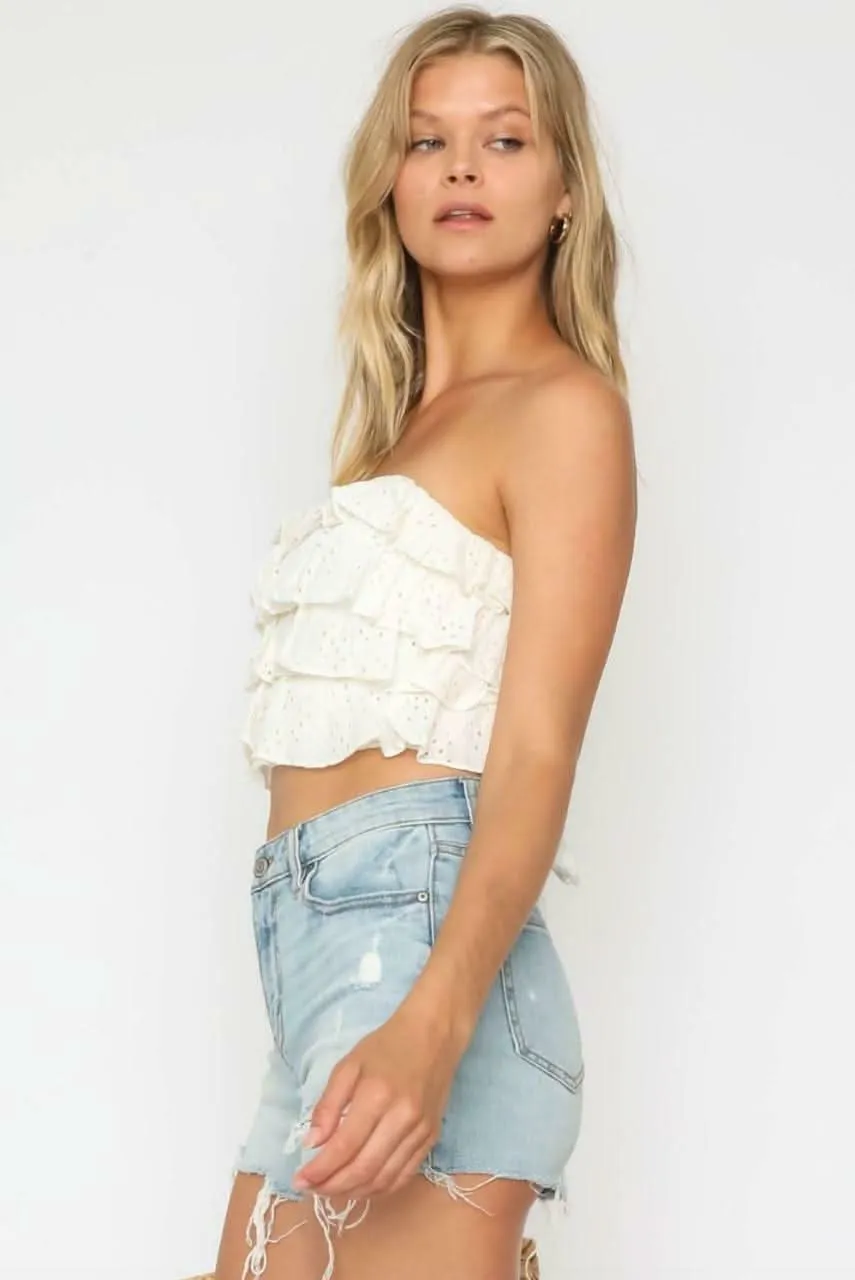 Molly White Eyelet Ruffle Tiered Strapless Crop Top sold by Boho Pink product image thumbnail 3