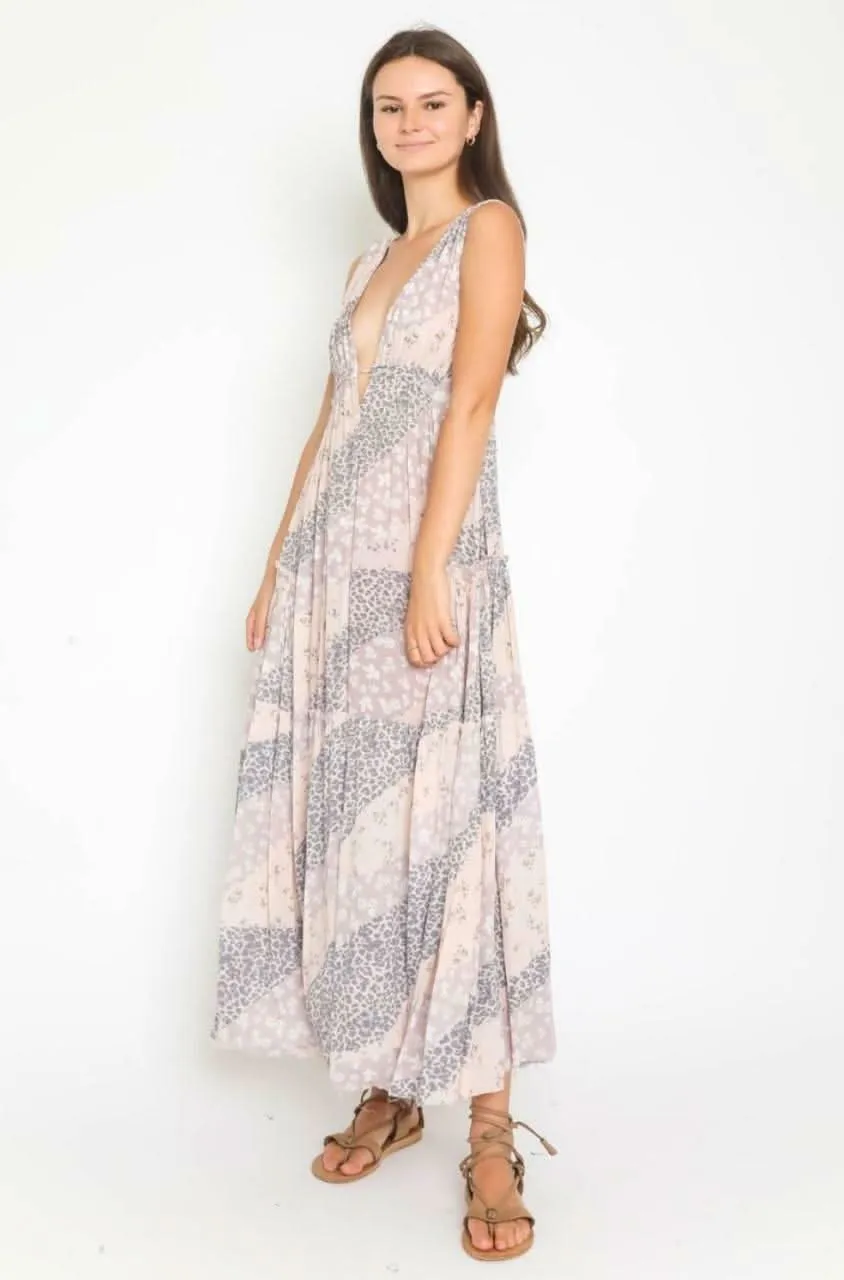 Rania Blush and Grey Print Plunge Maxi Dress sold by Boho Pink