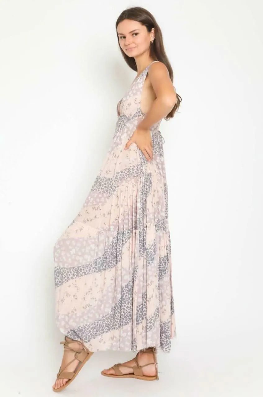 Rania Blush and Grey Print Plunge Maxi Dress sold by Boho Pink product image thumbnail 2