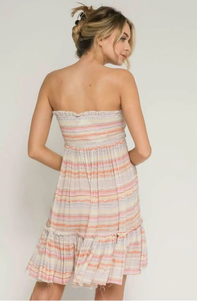 Canyon Sunset Blush Multi Stripe Strapless Mini Dress sold by Boho Pink product image thumbnail 3