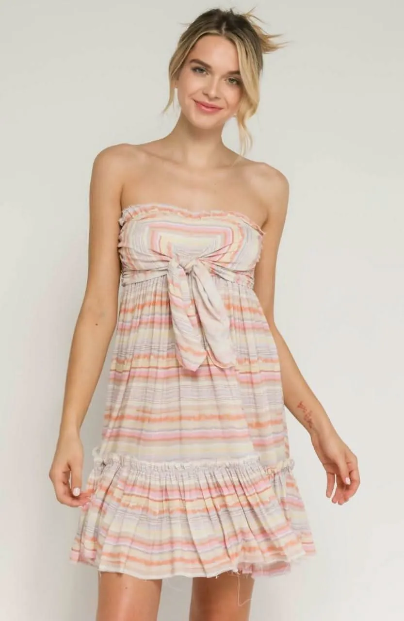 Canyon Sunset Blush Multi Stripe Strapless Mini Dress sold by Boho Pink