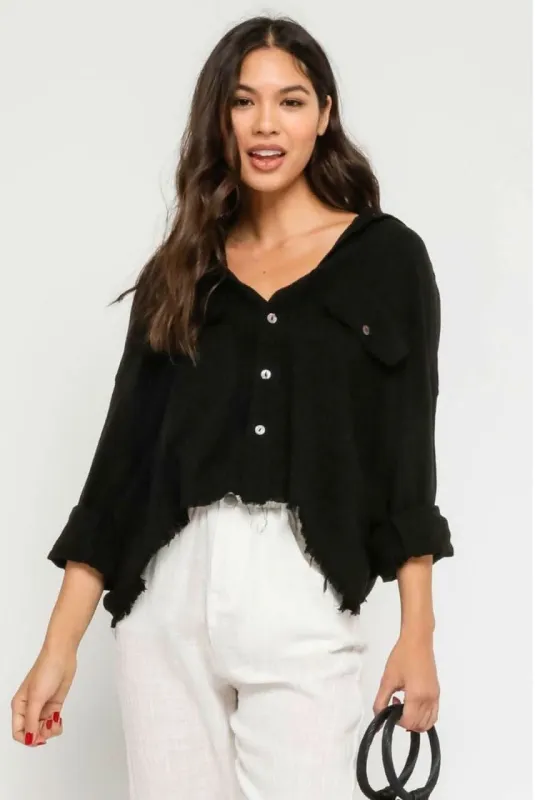 Beach Please Black Frayed Button-Up Top made by Olivaceous