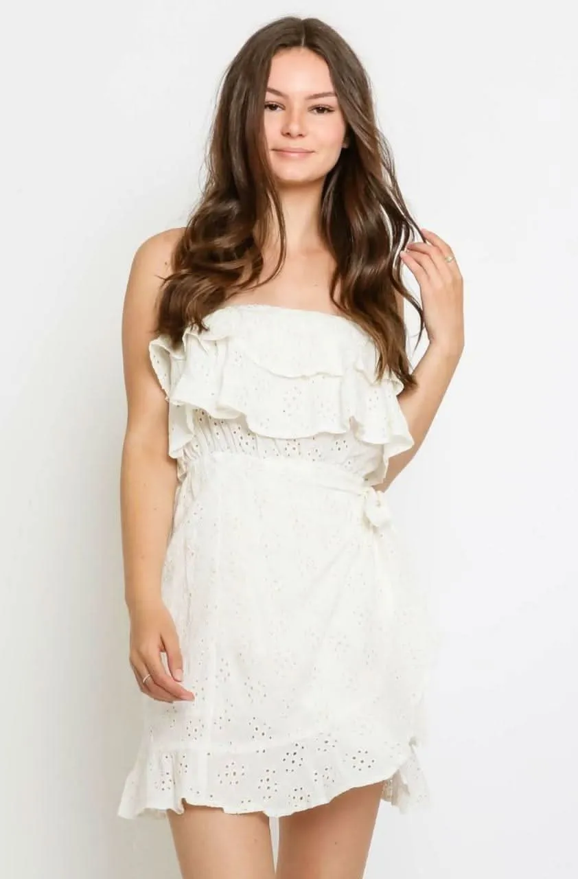 Sunshine Will Follow White Eyelet Strapless Mini Dress sold by Boho Pink