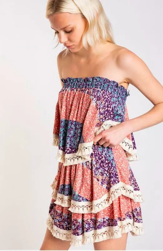 Summer Fields Blue and Blush Floral Print Strapless Two-Piece Set sold by Boho Pink product image thumbnail 3