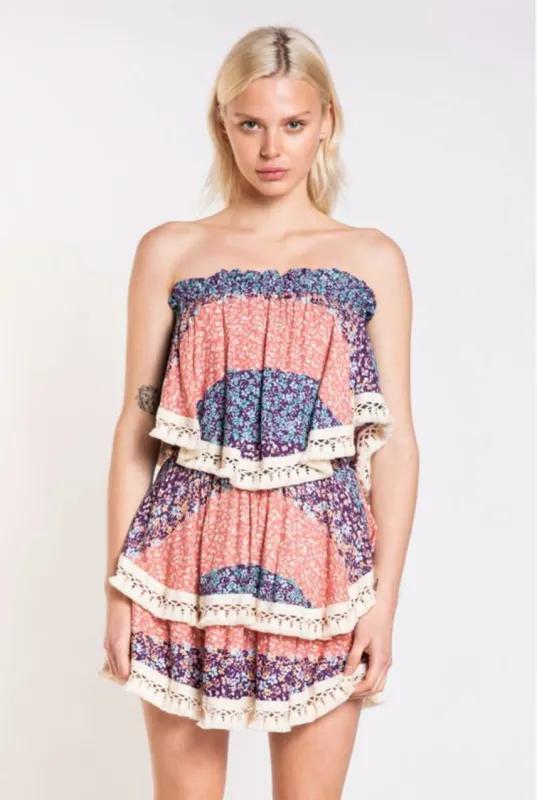 Summer Fields Blue and Blush Floral Print Strapless Two-Piece Set sold by Boho Pink