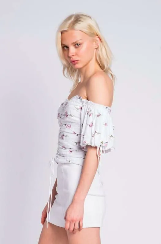 Summer Garden Purple and White Floral Print Off-the-Shoulder Top sold by Boho Pink product image thumbnail 3