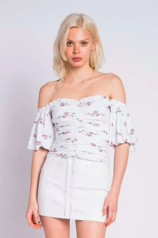 Summer Garden Purple and White Floral Print Off-the-Shoulder Top sold by Boho Pink