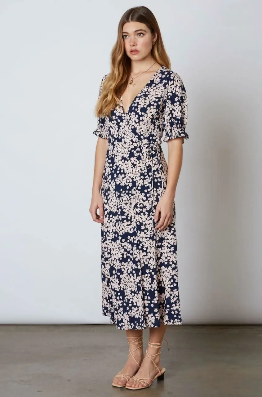 Daisy Blooms Navy Floral Print Wrap Midi Dress sold by Boho Pink