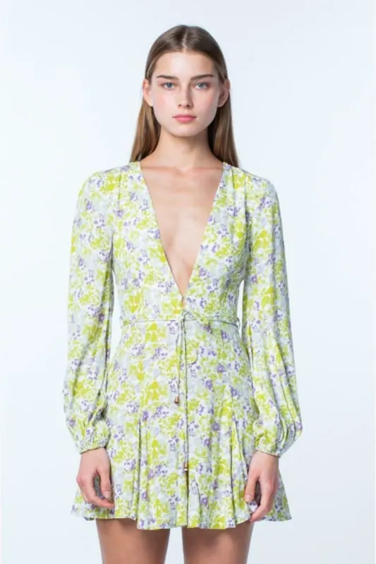 Reese Light Green and Purple Floral Long Sleeve Mini Dress sold by Boho Pink