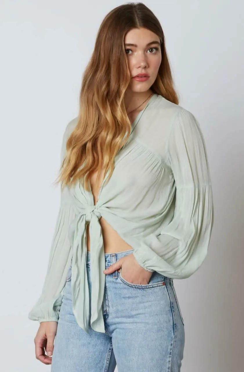 Gia Sage Long Sleeve Tie-Front Crop Top sold by Boho Pink product image thumbnail 3