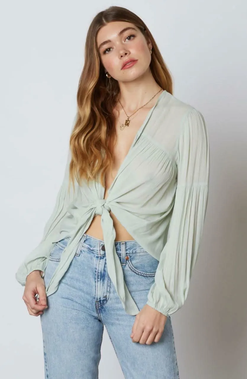 Gia Sage Long Sleeve Tie-Front Crop Top sold by Boho Pink