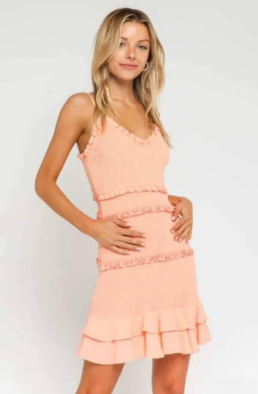 Rhea Peach Blush Smocked Ruffle Mini Dress sold by Boho Pink
