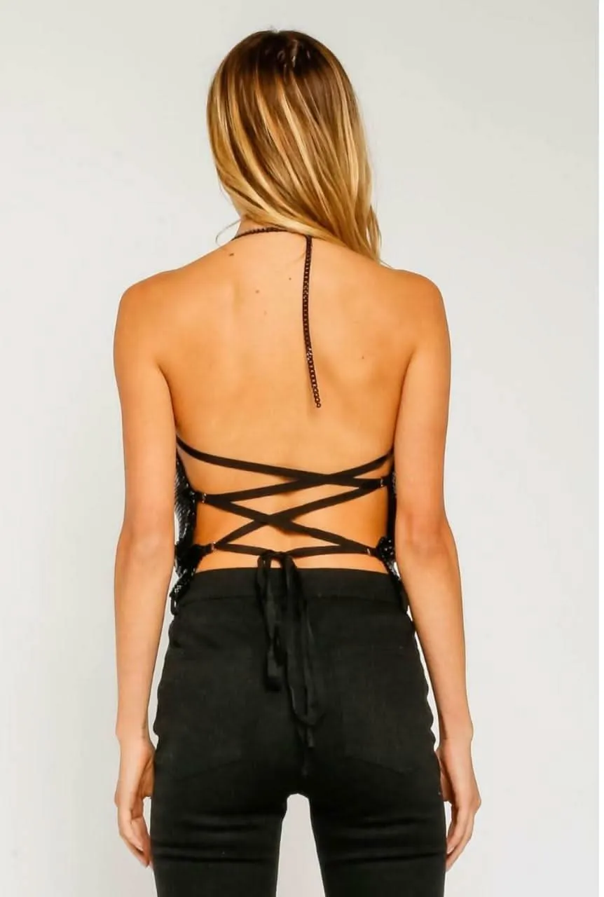 What You Want Black Metallic Lace-Up Halter Top sold by Boho Pink product image thumbnail 3