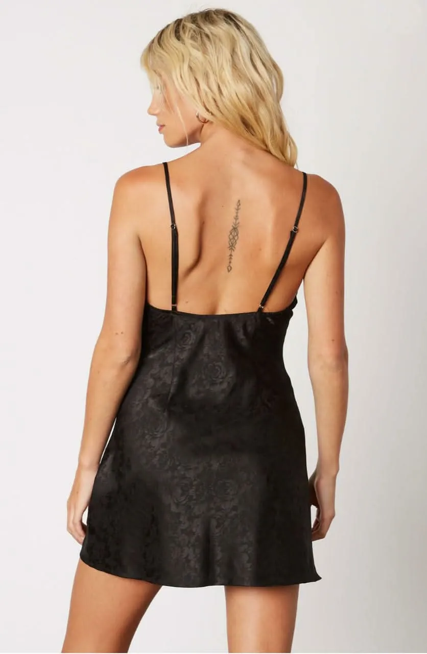 No Regrets Black Floral Satin Cowl Neck Mini Slip Dress sold by Boho Pink product image thumbnail 4