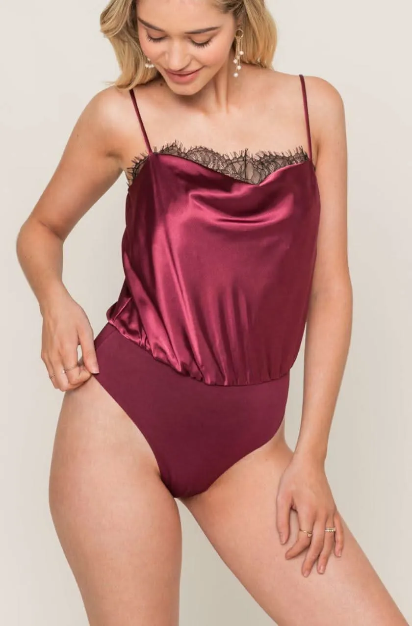 Do Better Wine Lace Satin Sleeveless Bodysuit sold by Boho Pink product image thumbnail 3