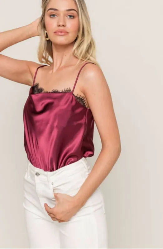 Do Better Wine Lace Satin Sleeveless Bodysuit sold by Boho Pink