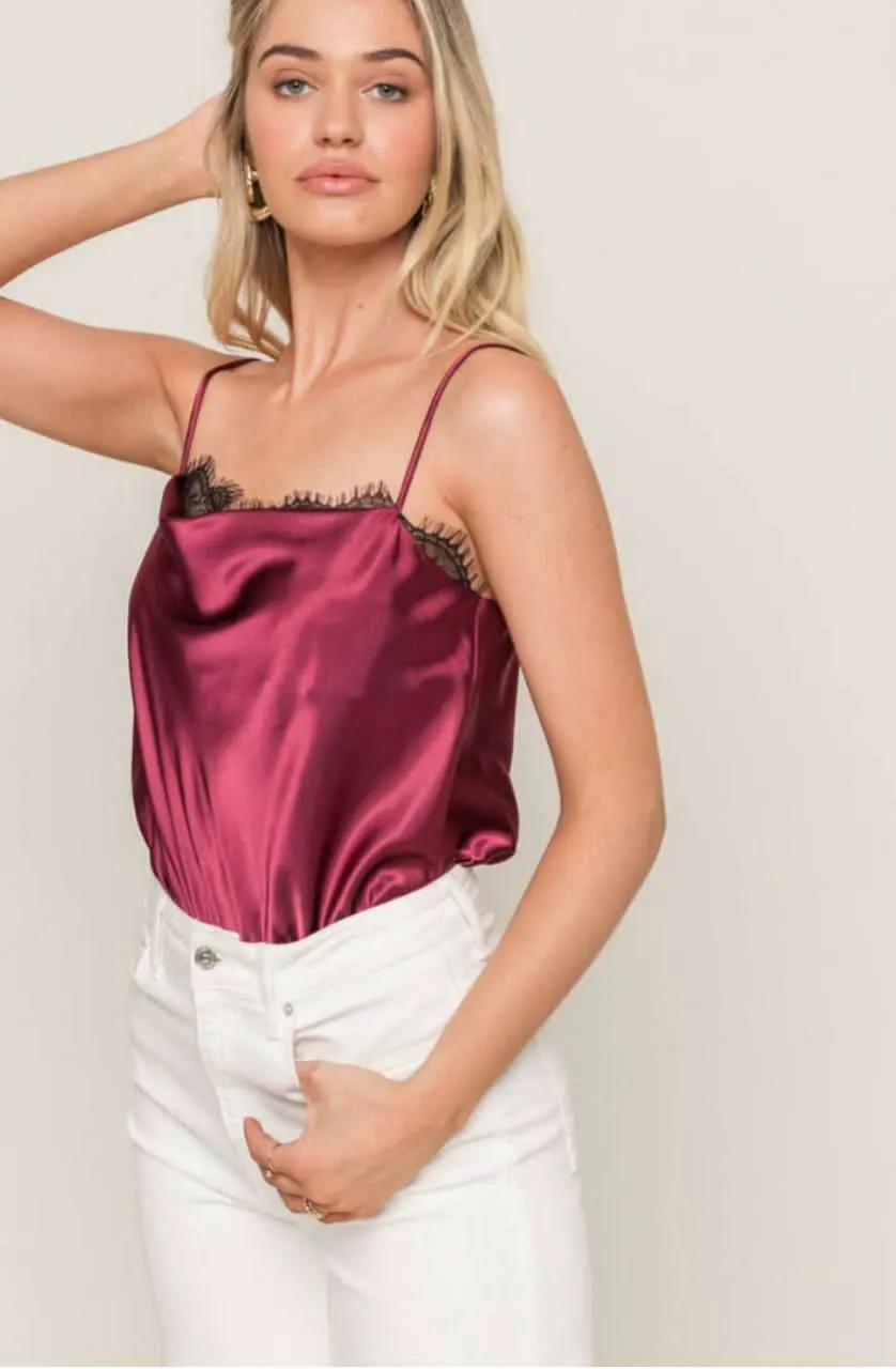 Do Better Wine Lace Satin Sleeveless Bodysuit sold by Boho Pink
