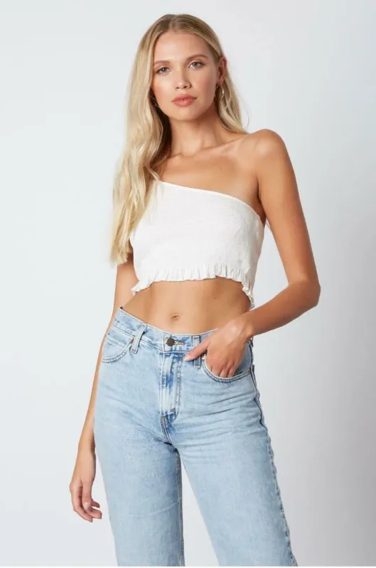 Kayla White Smocked One-Shoulder Crop Top sold by Boho Pink