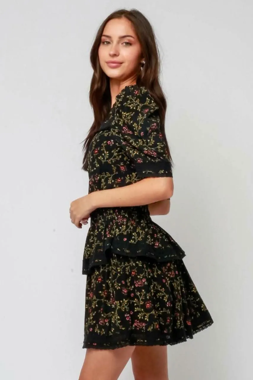 Vineyard Black Floral Print Ruffle Puff Sleeve Dress sold by Boho Pink product image thumbnail 4