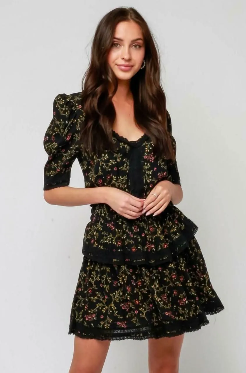 Vineyard Black Floral Print Ruffle Puff Sleeve Dress sold by Boho Pink