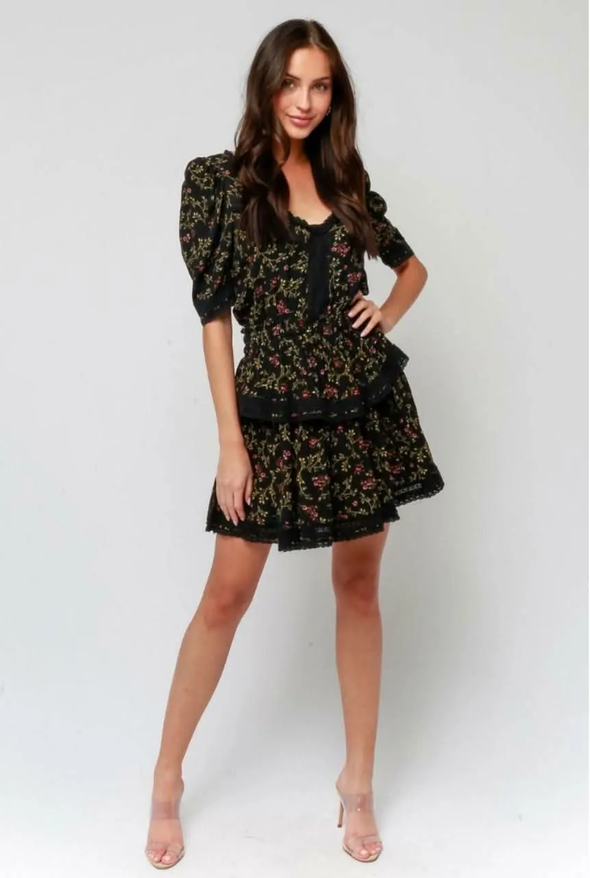 Vineyard Black Floral Print Ruffle Puff Sleeve Dress sold by Boho Pink product image thumbnail 2
