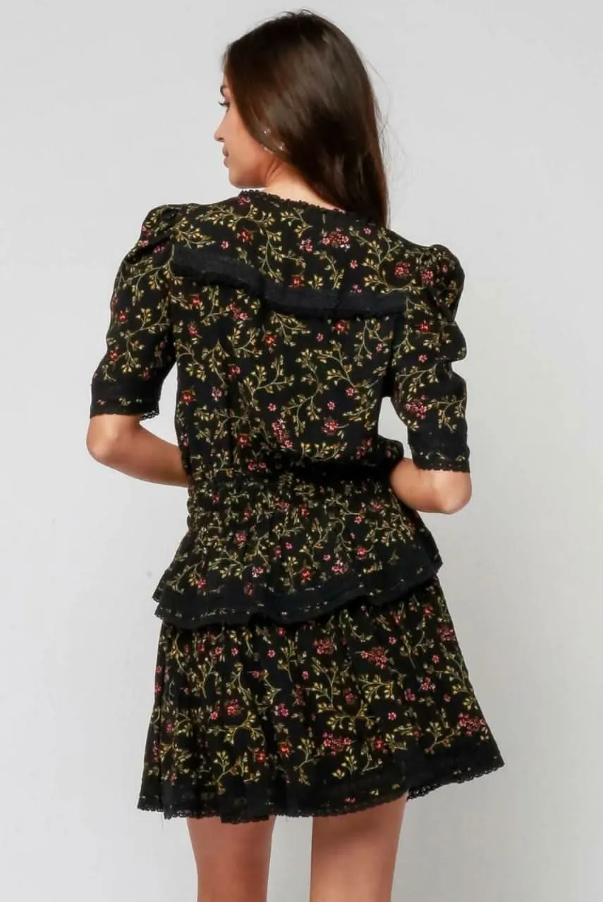 Vineyard Black Floral Print Ruffle Puff Sleeve Dress sold by Boho Pink product image thumbnail 3