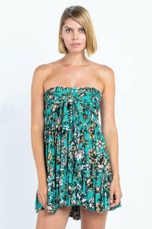 Saint-Tropez Jade Green Floral Print Strapless Dress sold by Boho Pink