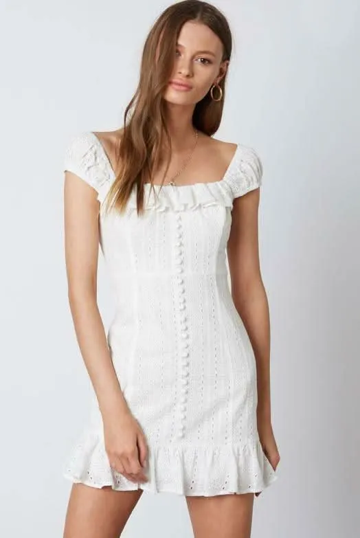 Pure Devotion White Eyelet Ruffled Mini Dress sold by Boho Pink