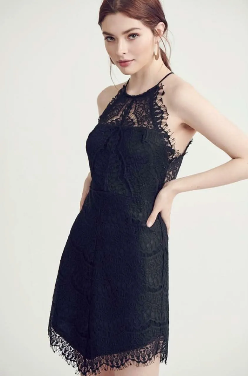 Candice Black Lace Halter Mini Dress sold by Boho Pink