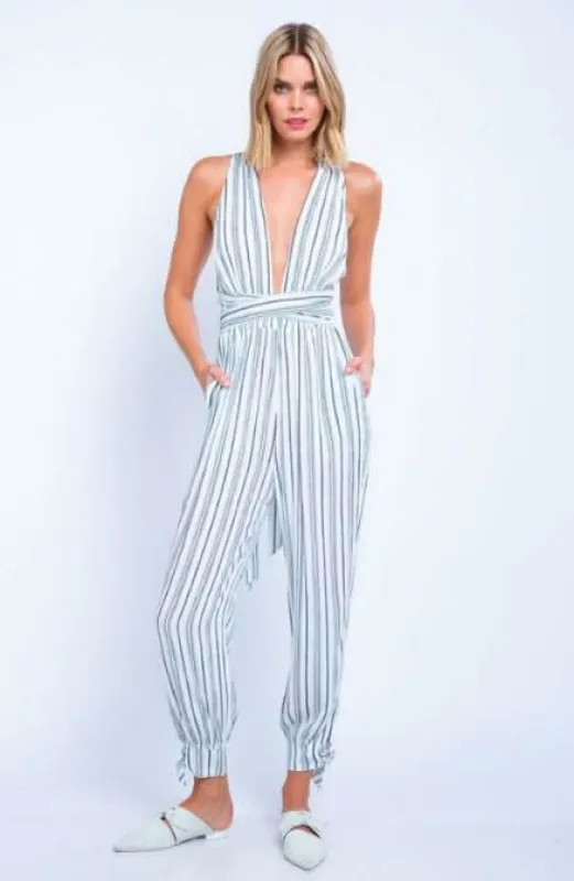 Aphrodite White and Black Striped Plunge Jumpsuit sold by Boho Pink
