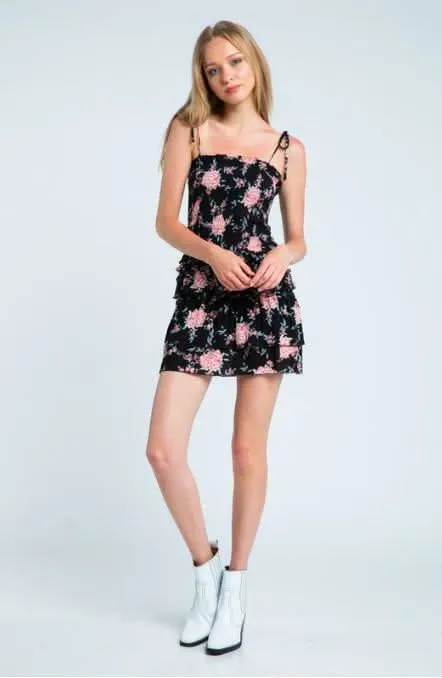 Taylor Black and Pink Floral Ruffled Mini Dress sold by Boho Pink product image thumbnail 3