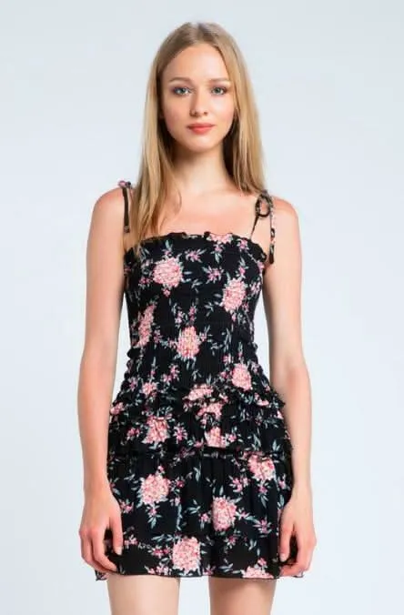 Taylor Black and Pink Floral Ruffled Mini Dress sold by Boho Pink