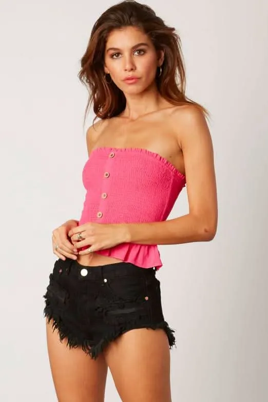 Jenna Fuchsia Pink Button-Down Strapless Smocked Top sold by Boho Pink