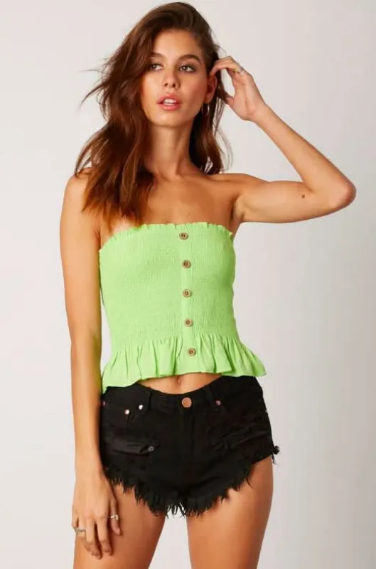 Jenna Lime Green Button-Down Strapless Smocked Top sold by Boho Pink