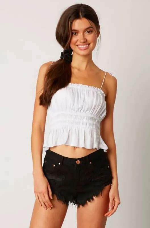 Take Me To Paradise White Ruffle Crop Top sold by Boho Pink