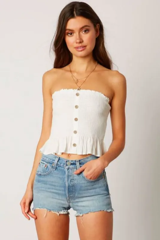 Jenna White Button-Down Strapless Smocked Top sold by Boho Pink