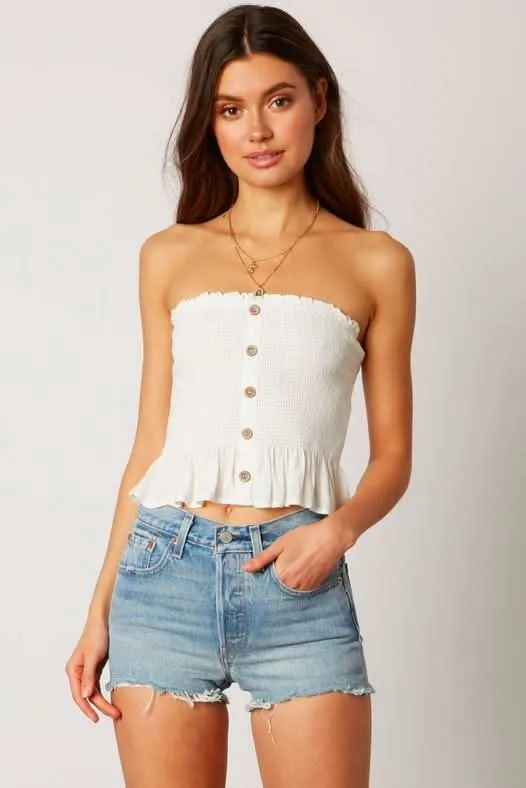 Jenna White Button-Down Strapless Smocked Top sold by Boho Pink