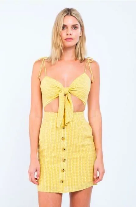 Becca Yellow and White Print Cutout Mini Dress sold by Boho Pink
