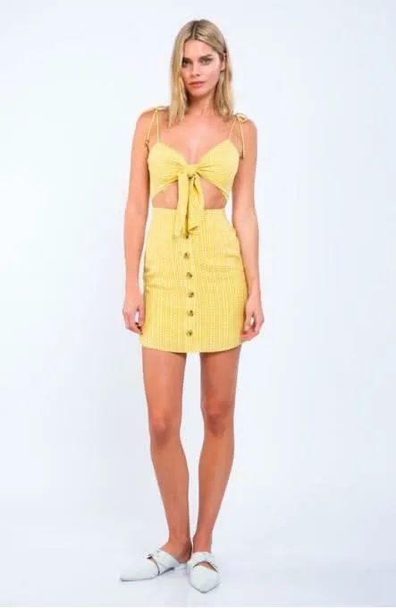 Becca Yellow and White Print Cutout Mini Dress sold by Boho Pink product image thumbnail 5