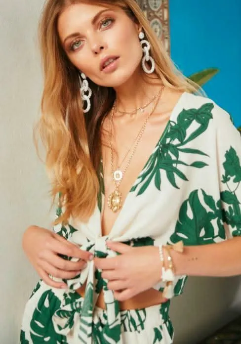 Emma Cream Palm Print Tie-Front Crop Top sold by Boho Pink