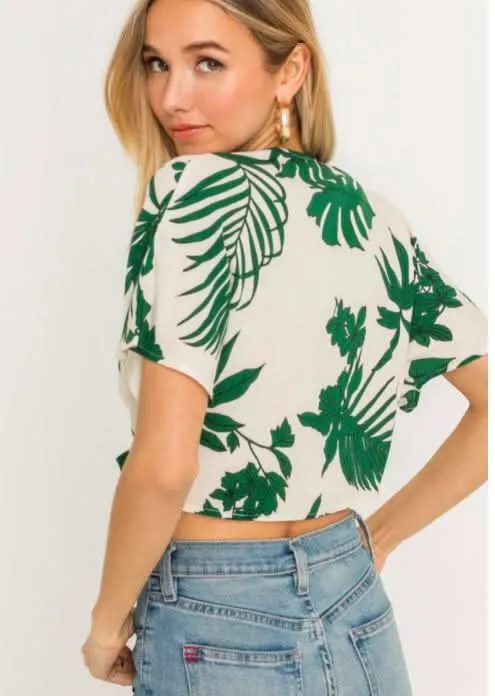 Emma Cream Palm Print Tie-Front Crop Top sold by Boho Pink product image thumbnail 2