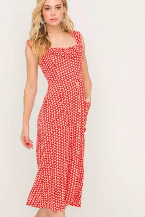 Kristen Red and Cream Print Button Front Midi Dress sold by Boho Pink product image thumbnail 4