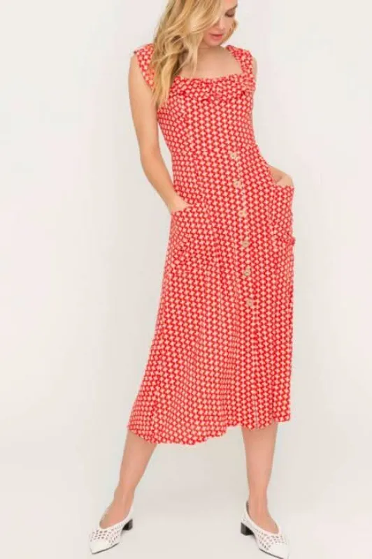 Kristen Red and Cream Print Button Front Midi Dress sold by Boho Pink