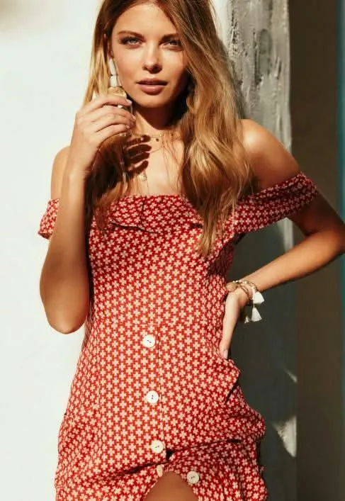 Kristen Red and Cream Print Button Front Midi Dress sold by Boho Pink product image thumbnail 5