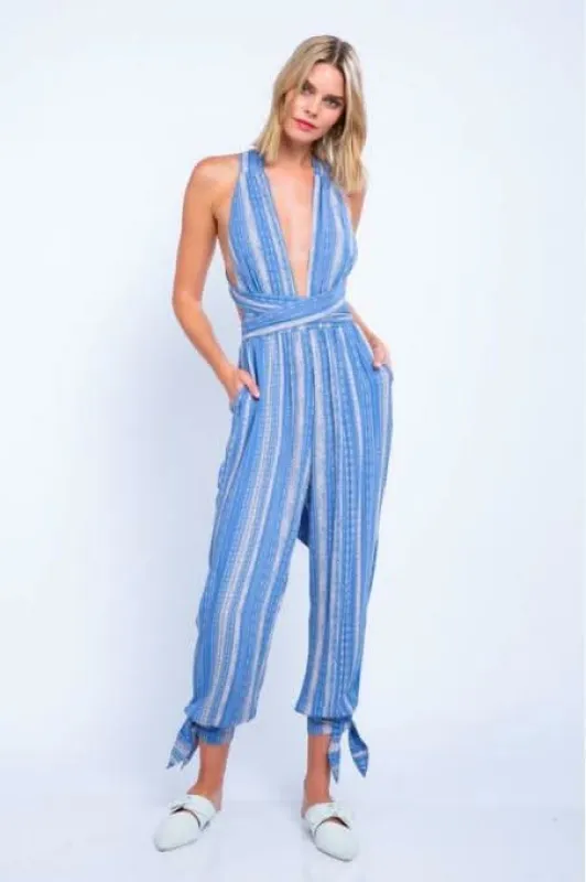 Aphrodite Blue Boho Print Plunge Jumpsuit sold by Boho Pink