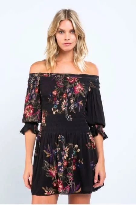 Christina Black Floral Print Mini Dress sold by Boho Pink