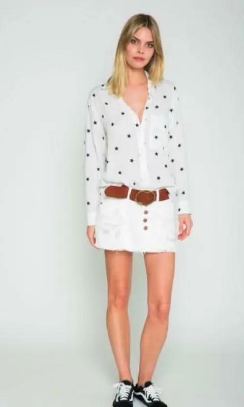 Vega White Long Sleeve Button-Up Star Print Top made by Skylar + Madison