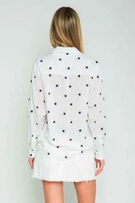 Vega White Long Sleeve Button-Up Star Print Top sold by Boho Pink product image thumbnail 4