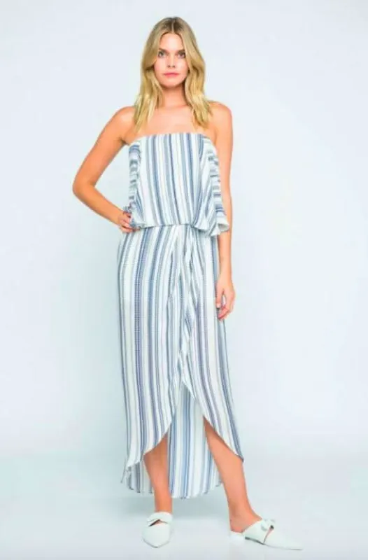 The Little Venice Blue and White Strapless Maxi Dress sold by Boho Pink